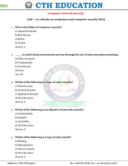 Preview of Computer Network Security unit 1 MCQ - Computer Science & Engineering
