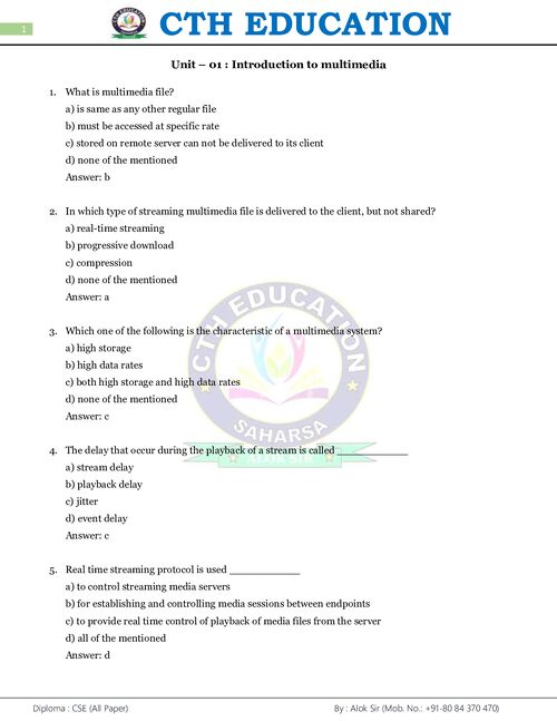 Preview of Multimedia Technology Unit-1 MCQ - Computer Science & Engineering