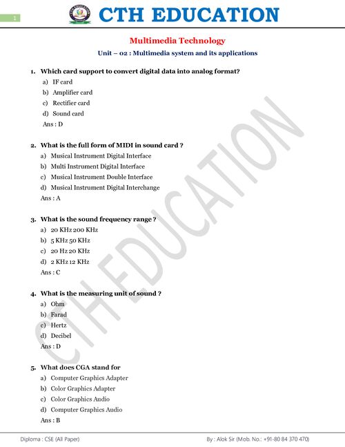 Preview of Multimedia Technology Unit-2 MCQ - Computer Science & Engineering