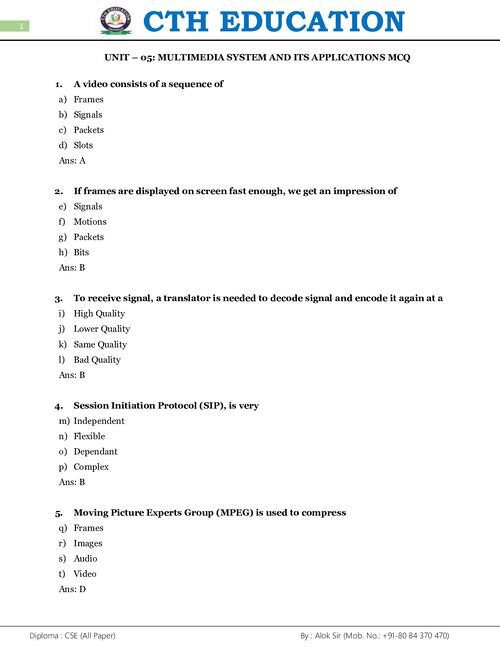 Preview of Multimedia Technology Unit-5 MCQ - Computer Science & Engineering