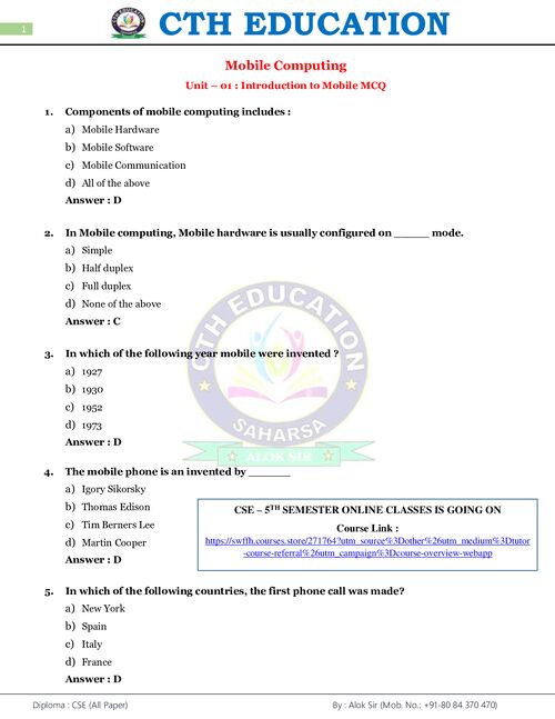 Preview of Mobile Computing unit-01 MCQ - Computer Science & Engineering