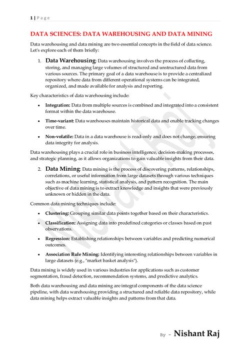 Preview of Data Warehousing And Data Mining Complete Notes - Computer Science & Engineering