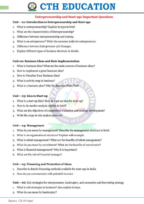 Preview of Entreprenuership & Start-ups VVI QUESTIONS - Common